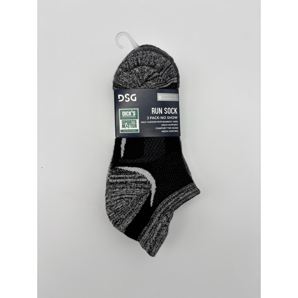 DSG Womens Run Sock 3 Pack No Show Bamboo Blend Black Grey White Medium 5-10